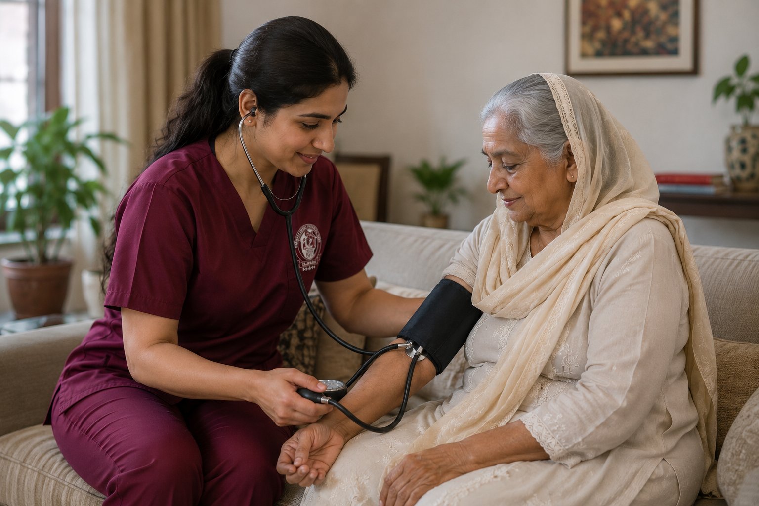NHMC nurse checking blood pressure of an elderly patient at home